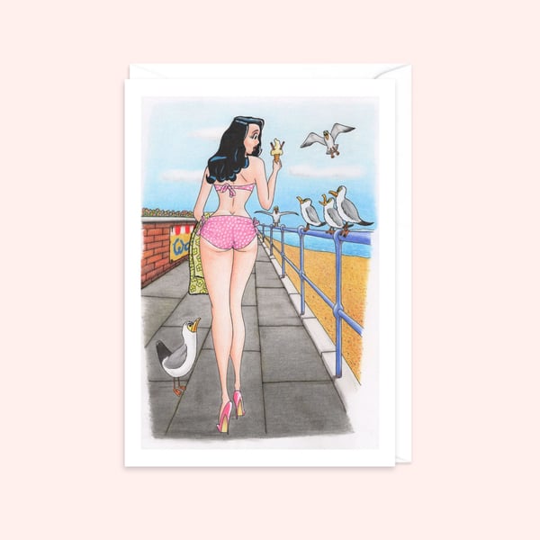 Seaside Holiday Greetings Card: Retro Postcard Style Illustration (808)