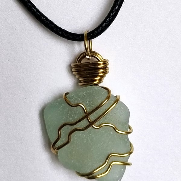 Handcrafted Mint Sea Glass Pendant – Gold Wire-Wrapped Cumbrian Coast Necklace