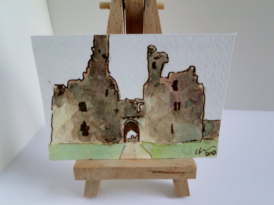 ACEO Dunstanburgh Castle Gateway Original Watercolour and Ink Painting 