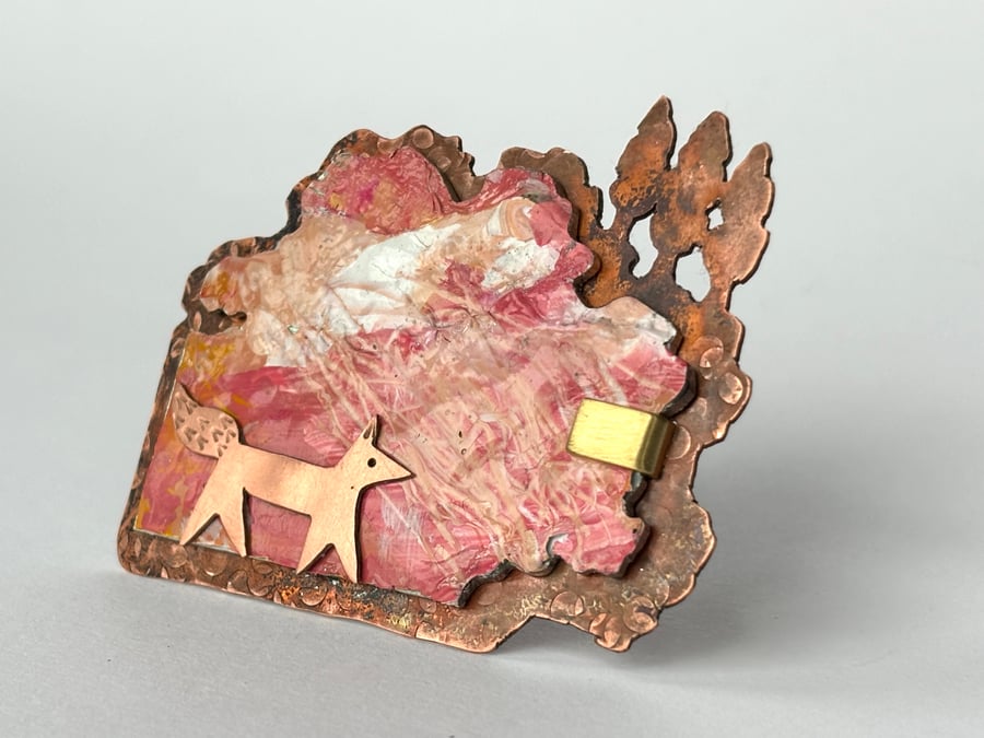 Abstract art brooch - treeline fox
