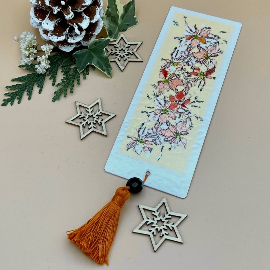 Christmas Poinsettia Bookmark - handmade with tassel & vintage bead 