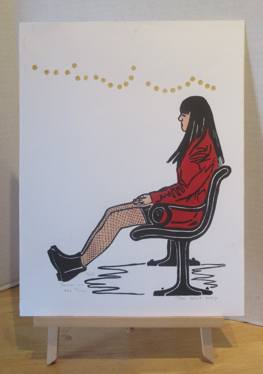 Person on the Prom coloured lino print