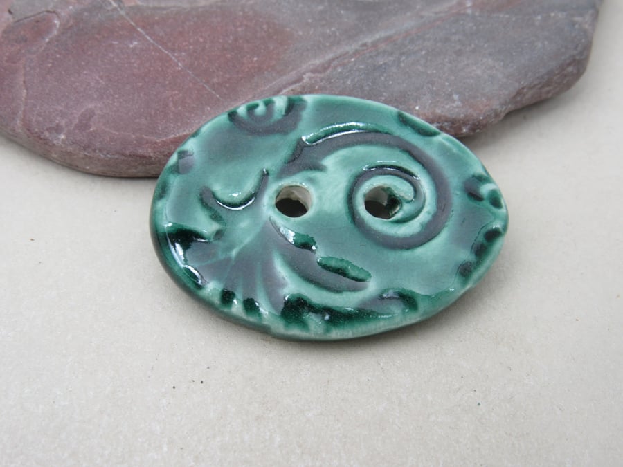 Large Emerald Green Brocade Oval Handmade Ceramic Button