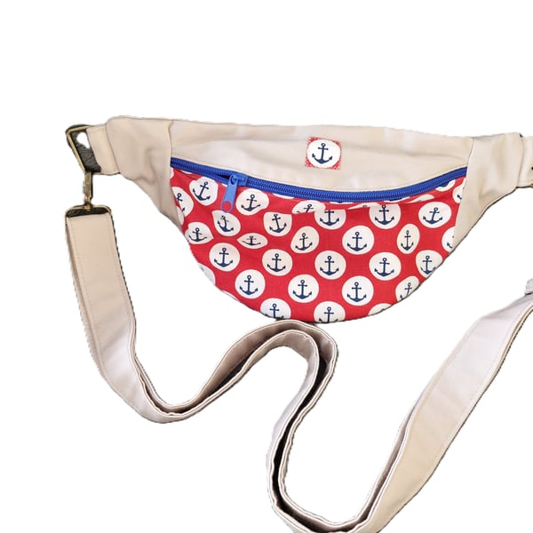 Handcrafted crossbody bum bag or fanny pack with adjustable strap and bright zip