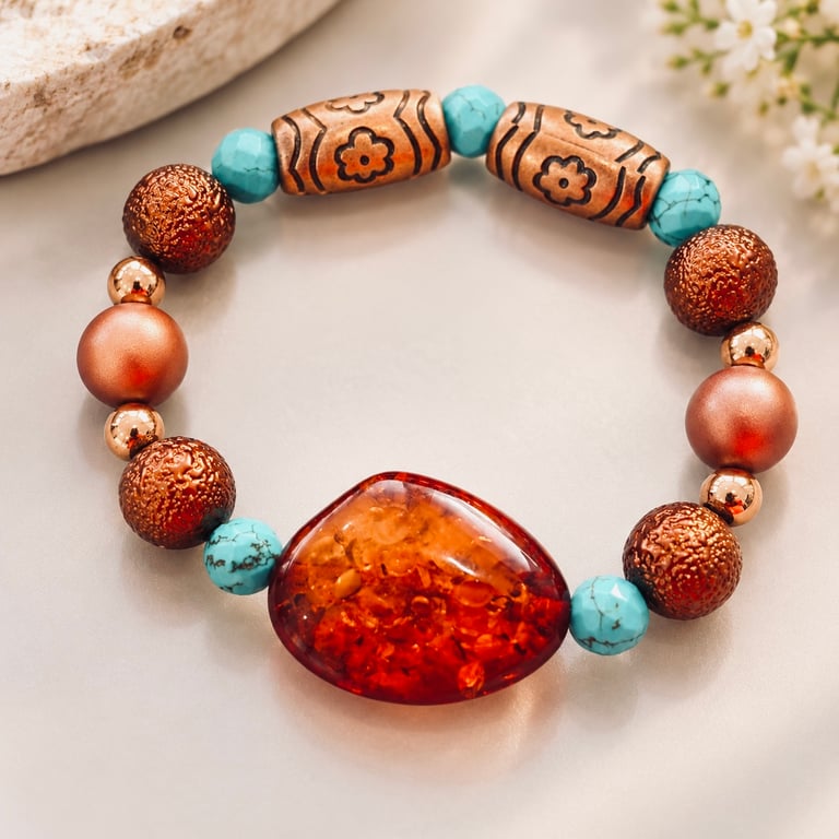 Handmade Turquoise & Rose Gold Chunky Beaded Bracelet – Boho Style