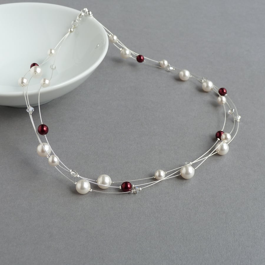 White and Claret Floating Pearl Necklace - Multi-strand Dark Red Jewellery