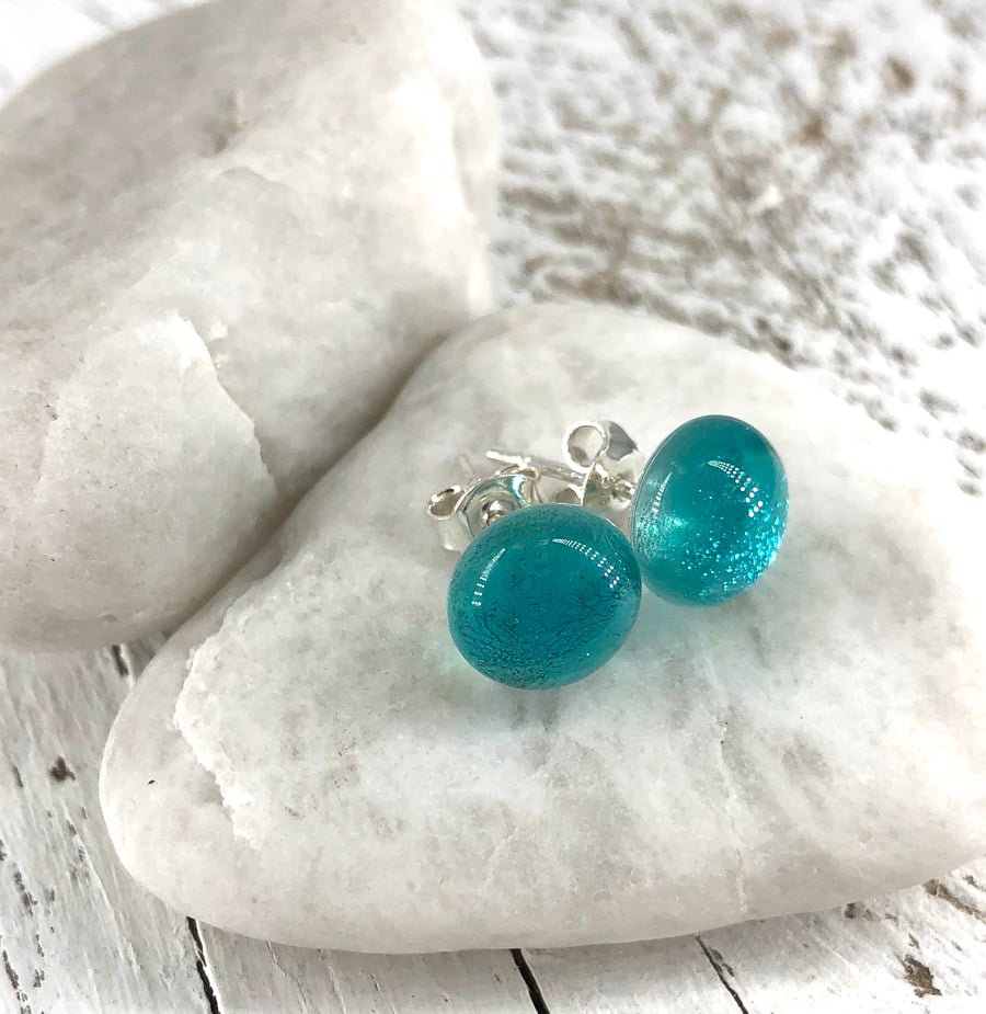 Turquoise Glass and Silver Stud Earrings