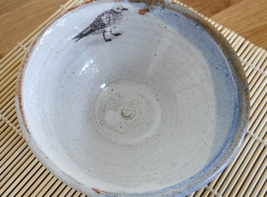Rustic ceramic bowl with baby seagull image - handmade pottery