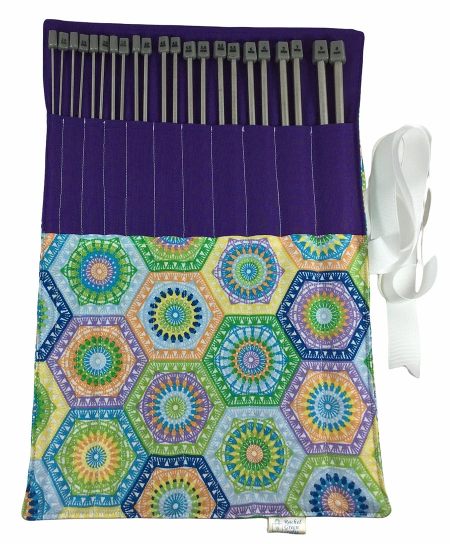 Full set of straight metal knitting needles in case with floral mandala print, 