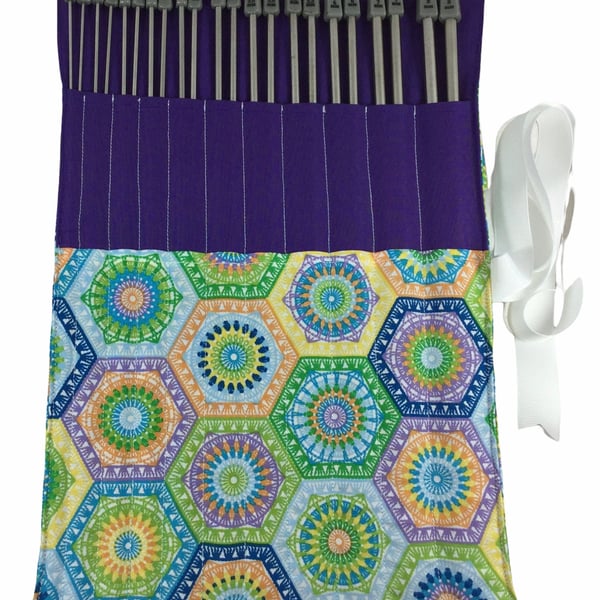 Full set of straight metal knitting needles in case with floral mandala print, 