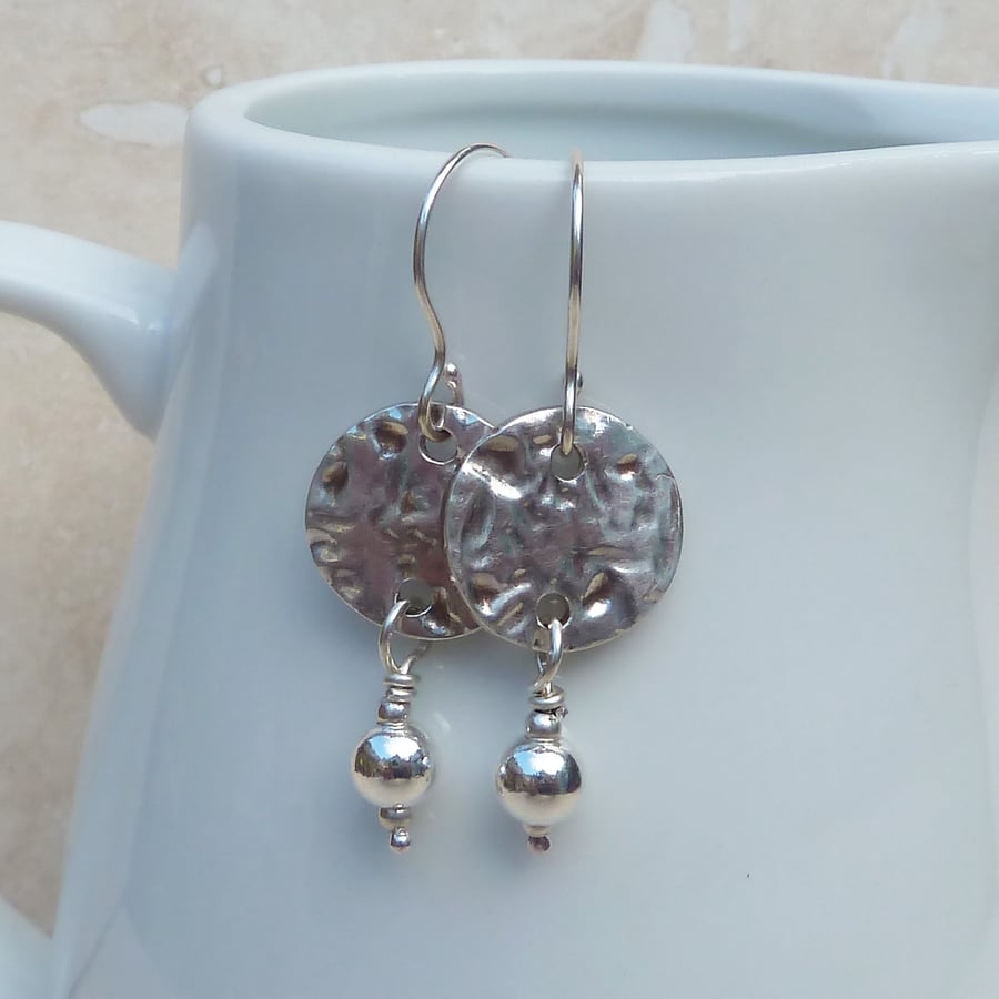 Sterling Silver Hammered Disc and Ball Drop Earrings - SILV039