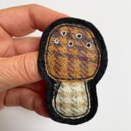 Upcycled plaid tweed mushroom fungi brooch pin or badge. 