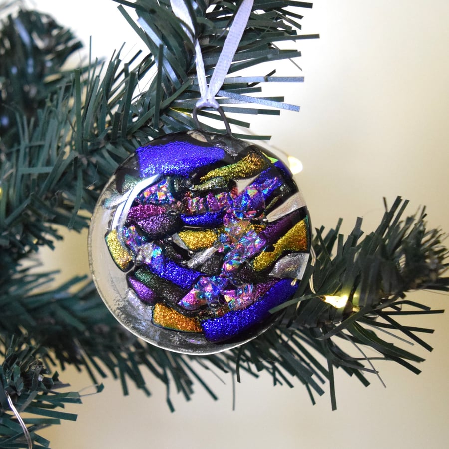 Fused Glass Dichroic Christmas Tree Hanging Decoration. Bauble. Free Shipping.