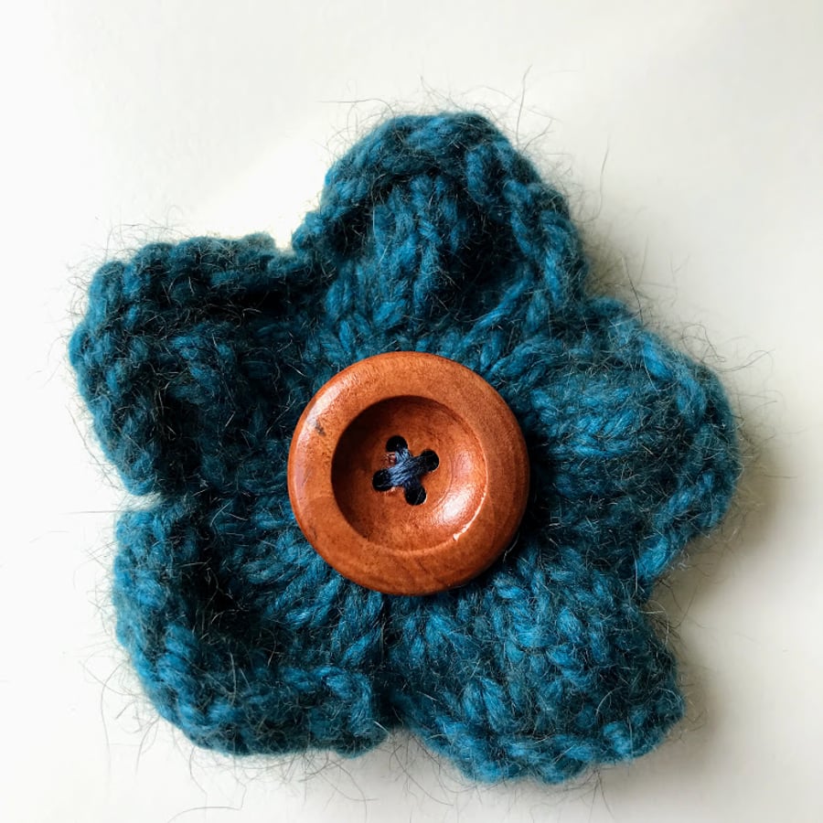 SOLD - Hand knitted flower brooch pin - Teal