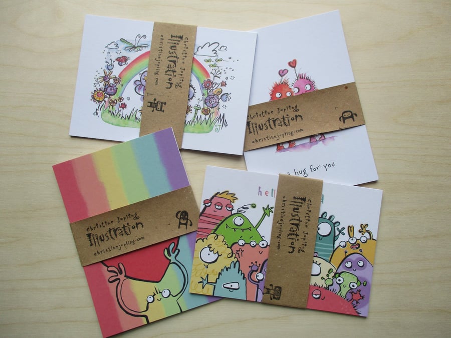 "Hearts and Rainbows" Postcard Pack - 4 different postcards 