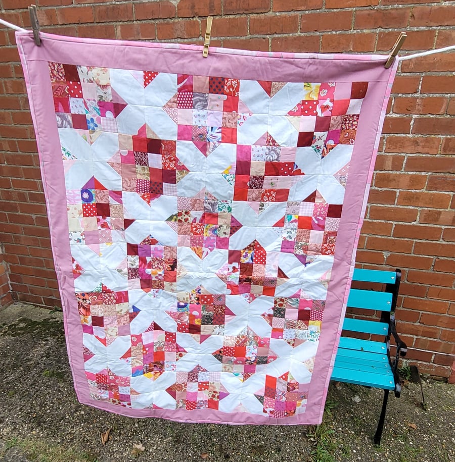 Homemade Noughts and crosses pinks and red patchwork quilt