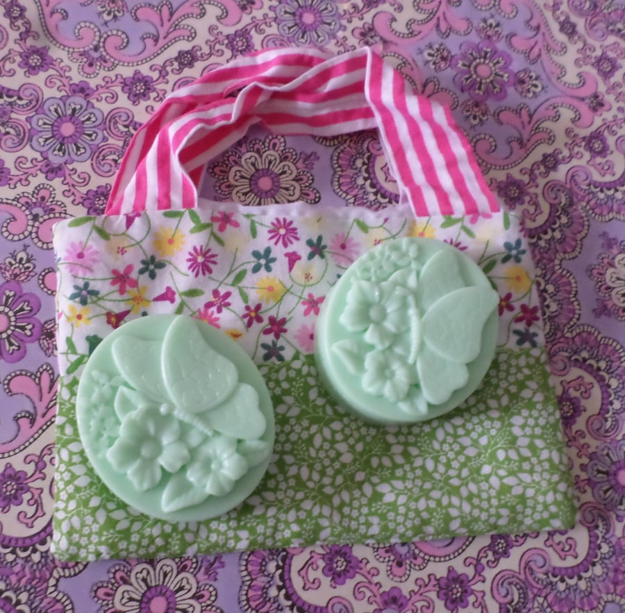 Set Of Two Lime Fresh Sculpted Aromatherapy Soaps With Pretty Lined Cotton Bag