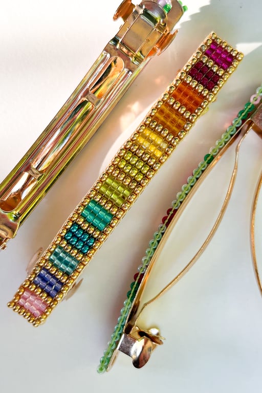 Rainbow Glass Bead Hair Barrette – Boho Gold Hair Clip – Handmade in the UK