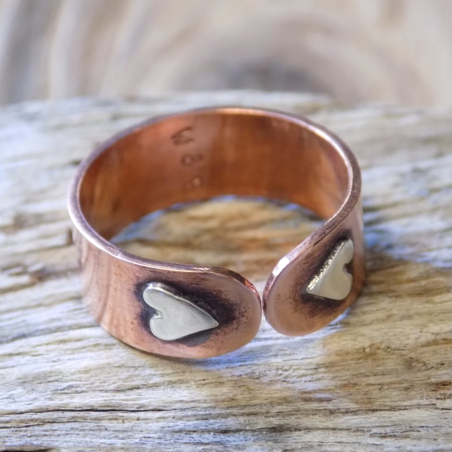 Copper and sterling silver sweet heart mixed metals ring 