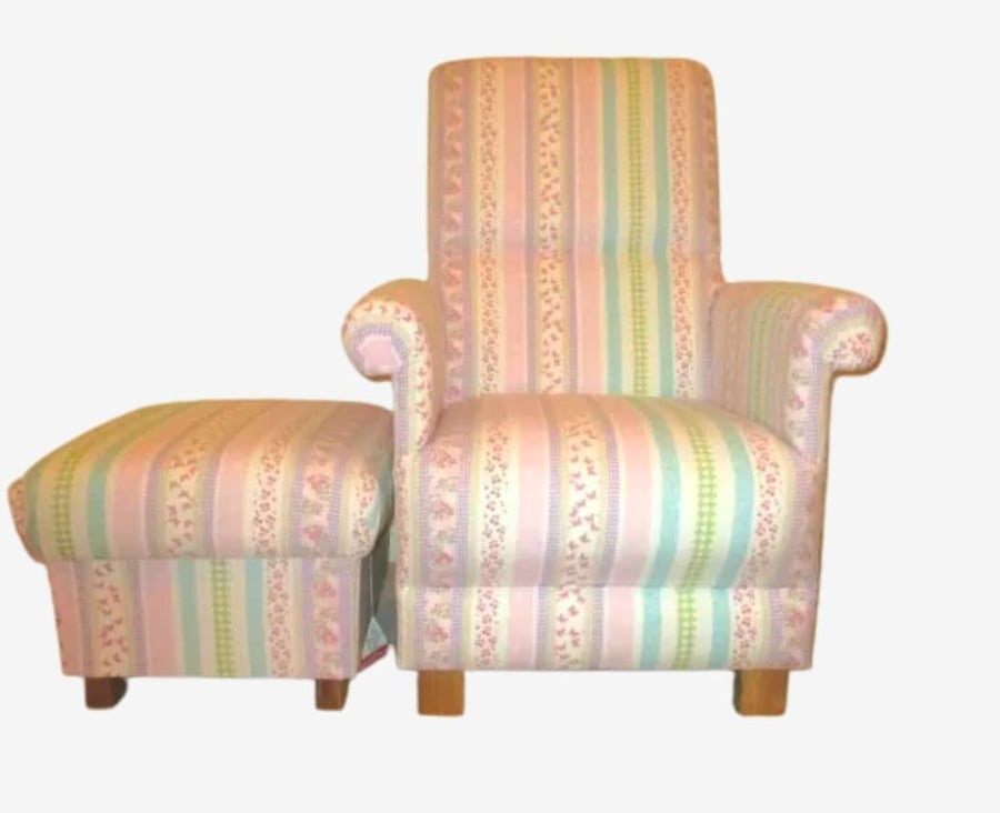 Laura Ashley Chair & Footstool Adult Armchair Clementine Stripe Fabric Pink 