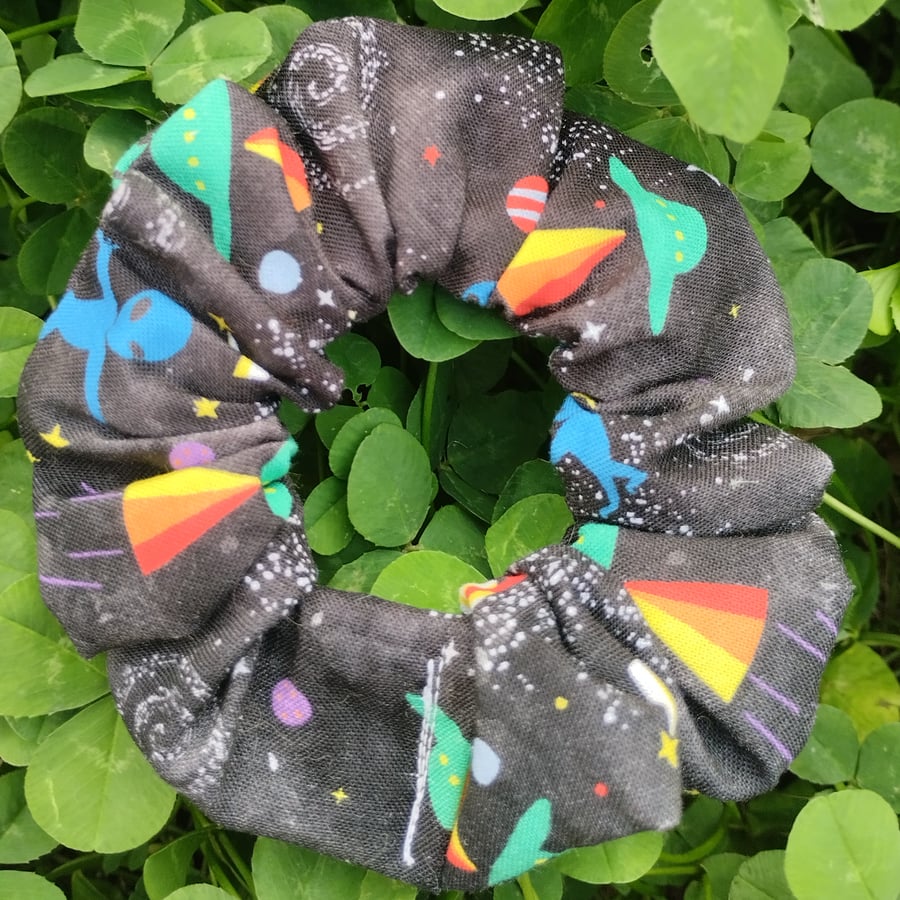 Black outer space alien UFO hair scrunchie