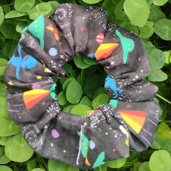 Black outer space alien UFO hair scrunchie