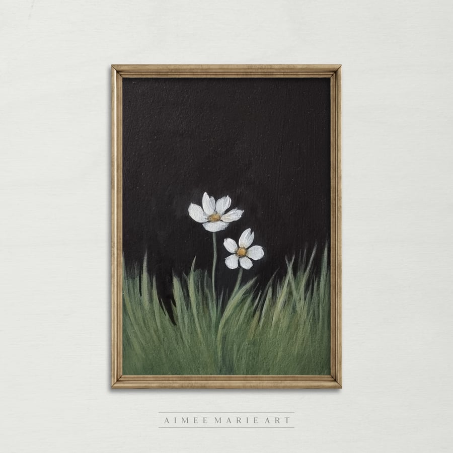 White Flowers Small Original Acrylic Painting (5x7") Unframed