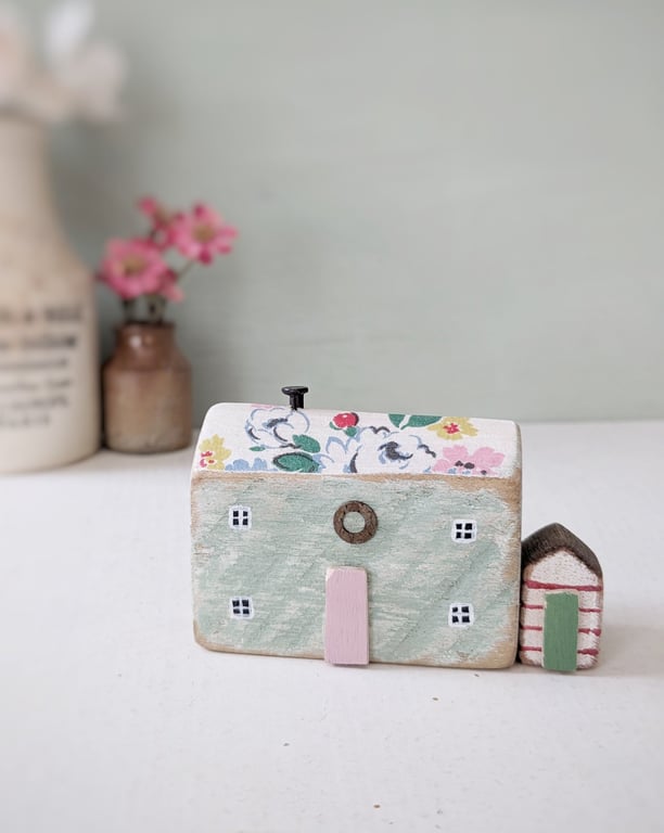 Handmade Painted Wooden Seaside Cottage with Teeny Stripy Shed