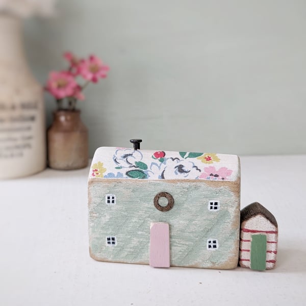 Handmade Painted Wooden Seaside Cottage with Teeny Stripy Shed