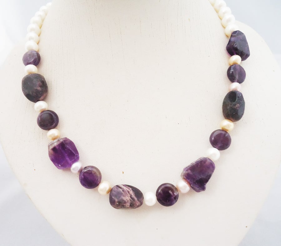 Amethyst and Freshwater Pearls Necklace, Amethyst Nuggets and Pearls Necklace, P