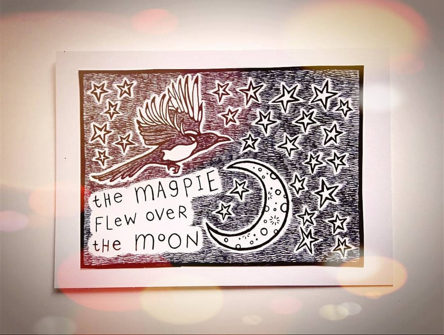 Magpie Moon Giclee Print, Whimsical Joyful Home Art, Animal Illustration