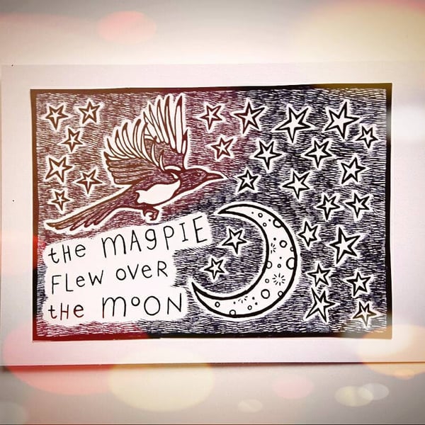 Magpie Moon Giclee Print, Whimsical Joyful Home Art, Animal Illustration