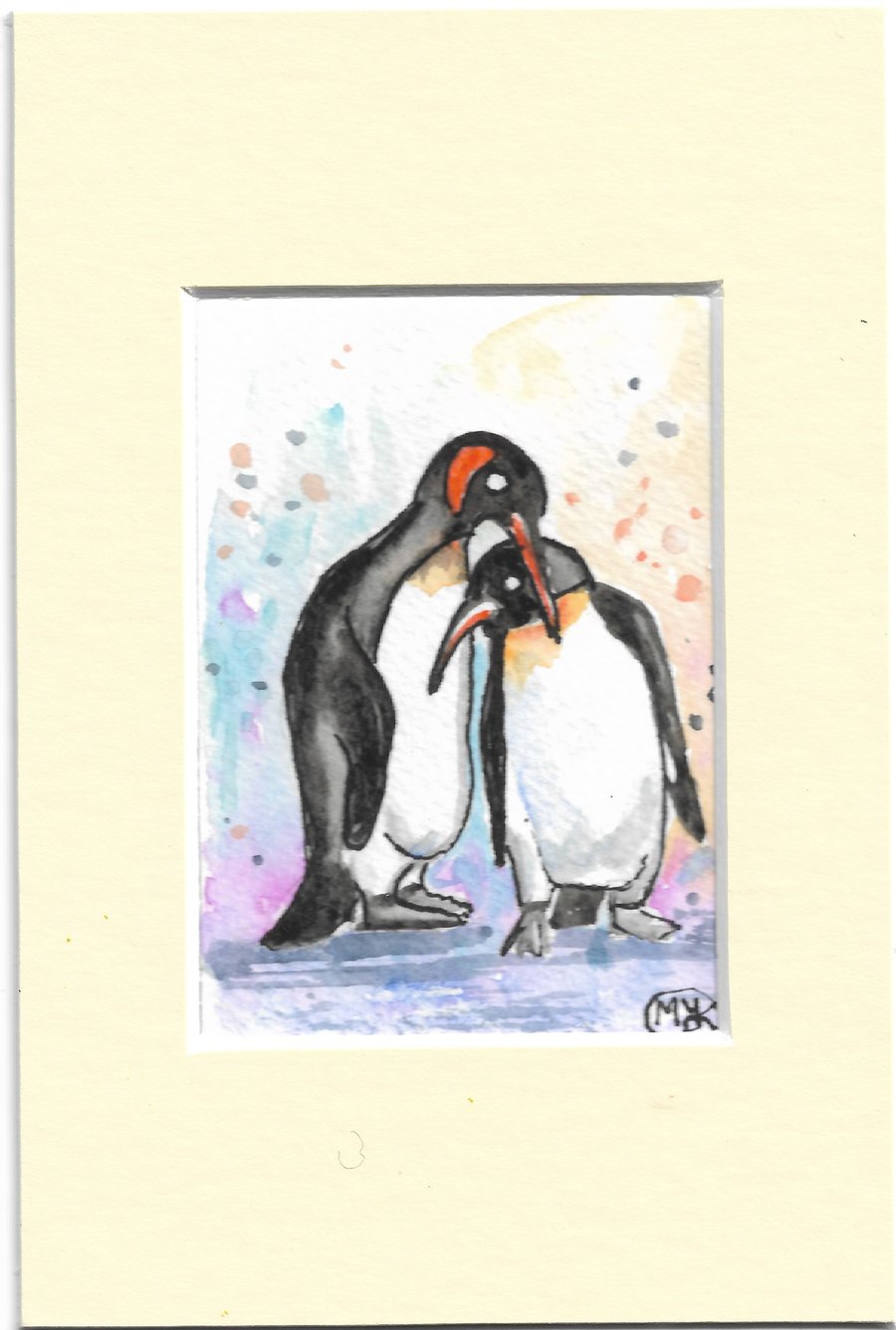 Love Bird. Penguin Couple. Mount included. Original painting ACEO