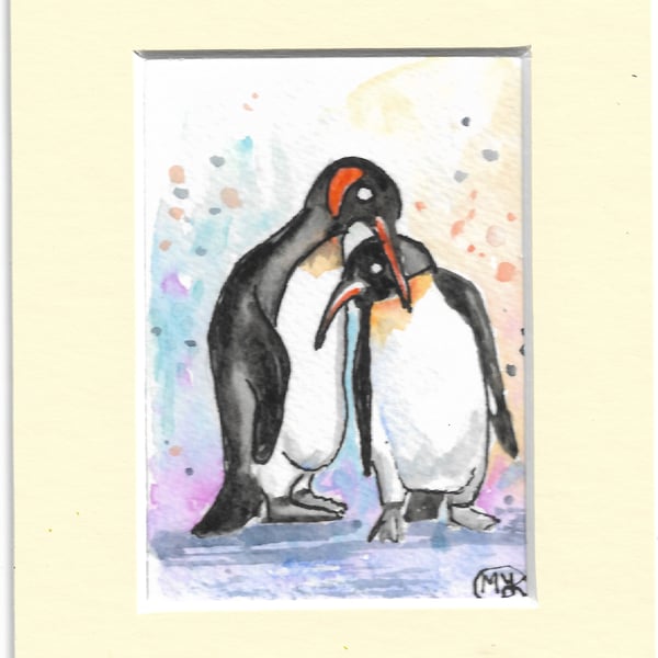 Love Bird. Penguin Couple. Mount included. Original painting ACEO