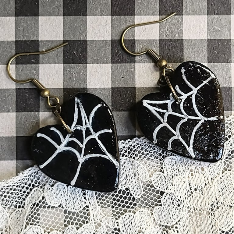 Hand-painted cobweb heart earrings 