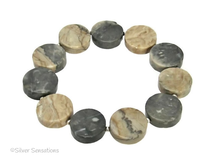 UNIQUE - Pale Brown & Grey Yellow Cloudy Jasper Coins & Sterling Silver Bracelet