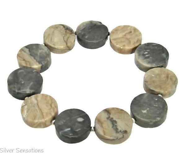 UNIQUE - Pale Brown & Grey Yellow Cloudy Jasper Coins & Sterling Silver Bracelet