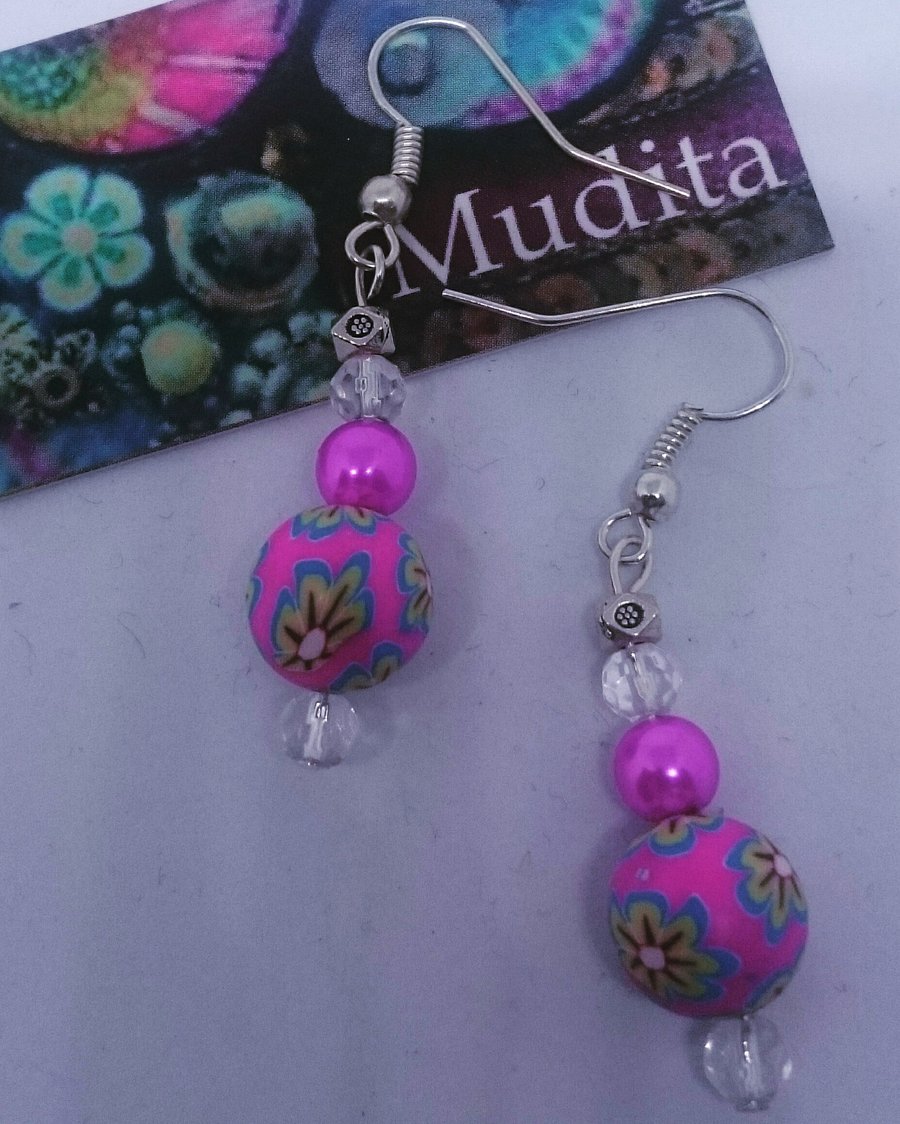  Dangly Sterling Silver Earrings with Pink Polymer Clay Beads