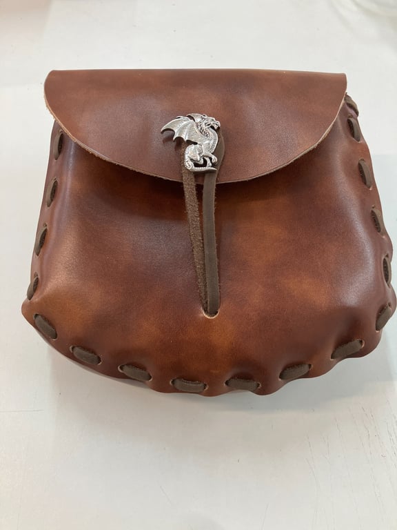 Brown Leather Medieval Style Pouch with English Dragon closure - FREE SHIPPING