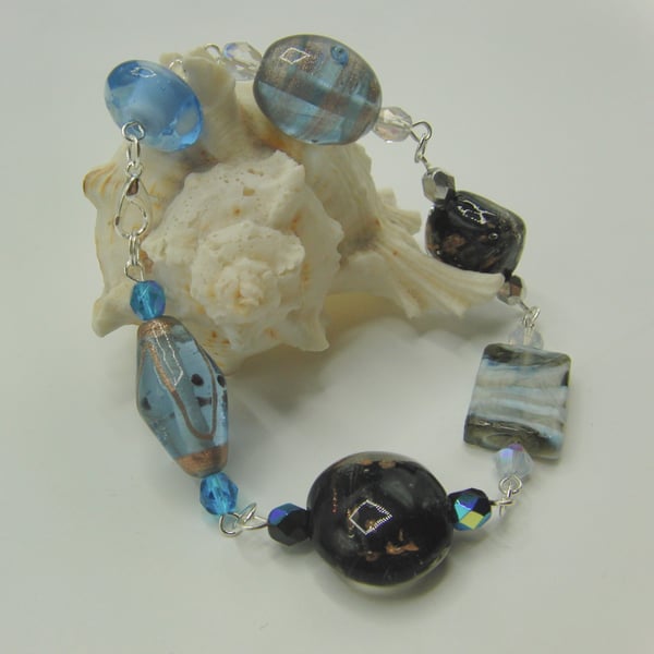 Blue and Black Glass Lampwork Bead Bracelet, Summer Bracelet, Gift for Her