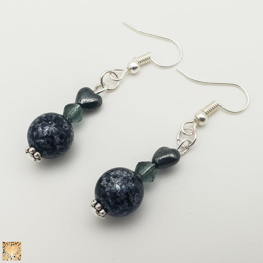 Handmade Earrings, dark blue, grey and silver, with tiny hearts