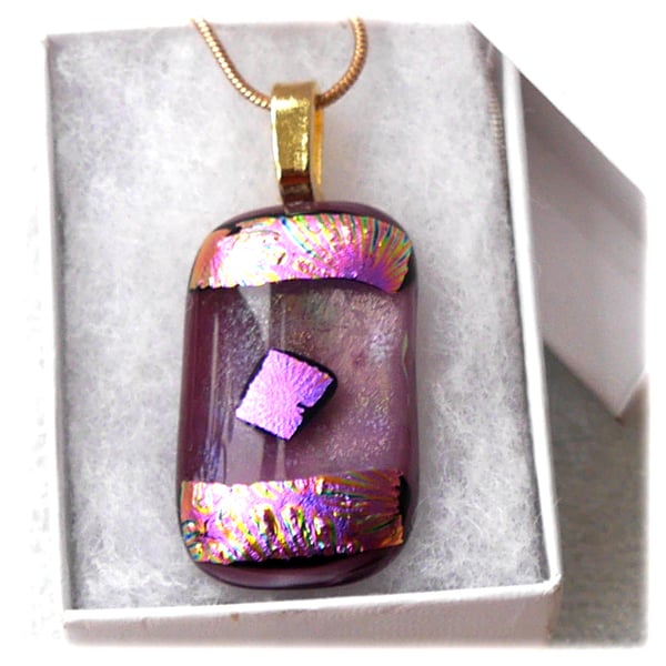 Cranberry Patchwork Dichroic Glass Pendant 206 gold plated chain