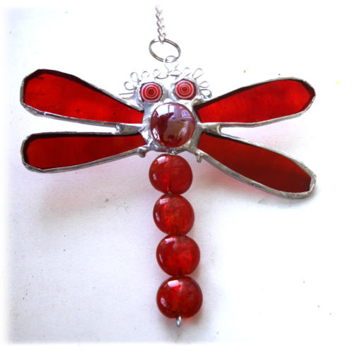 Dragonfly Suncatcher Stained Glass Red Bead-Tailed 047