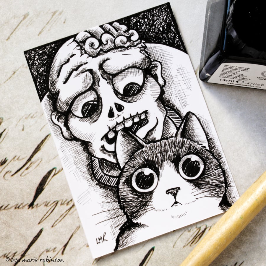 Zombie and Tuxedo Cat ACEO - Inktober 2019 - Day 2 - Ink Drawing Pen Art