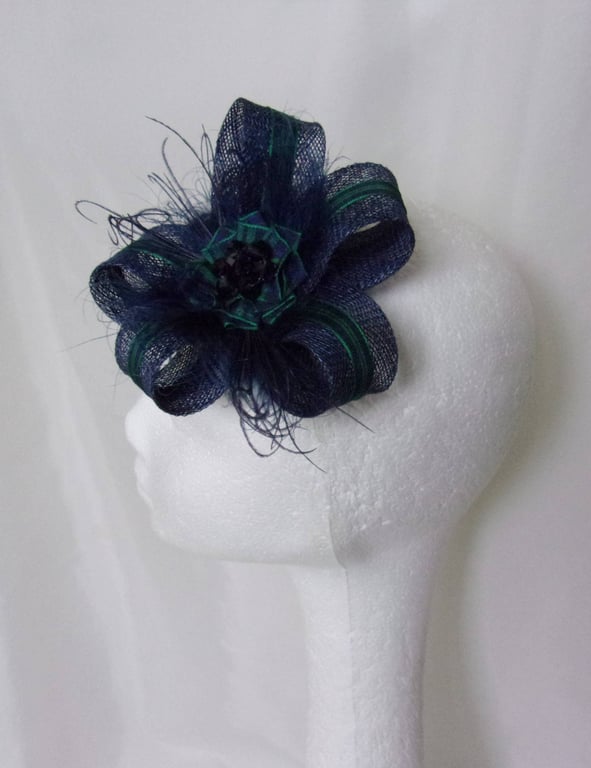 Navy Blue Black Watch Tartan Sinamay Feather Fascinator 