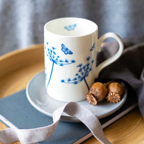 Large Fine china Cow Parsley & butterflies mug, Anniversary gift 