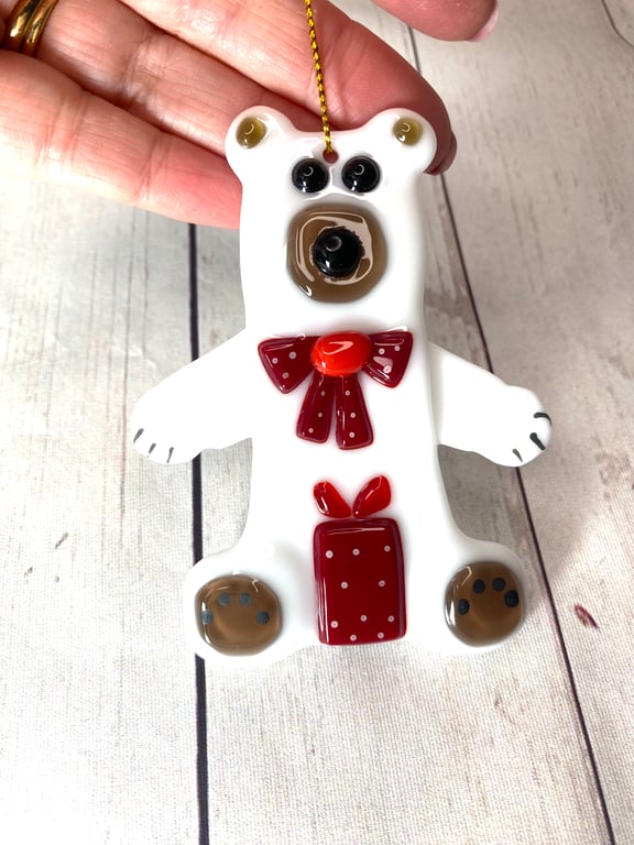 Teddy polar bear fused glass Christmas decoration 