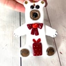Teddy polar bear fused glass Christmas decoration 
