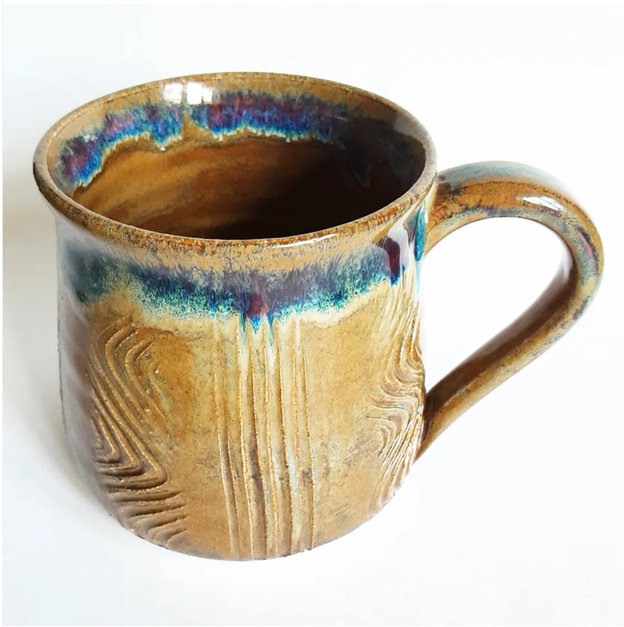 Textured Brown Blue Glazed Mug - Hand Thrown Stoneware Ceramic Mug 