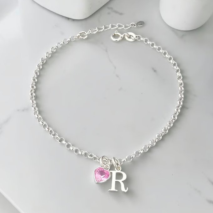 Sterling Silver Personalised Initial and Birthstone Bracelet Adjustable Bracelet